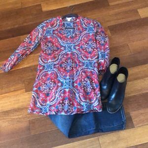 XXS red jcrew tunic bohemian floral long sleeve